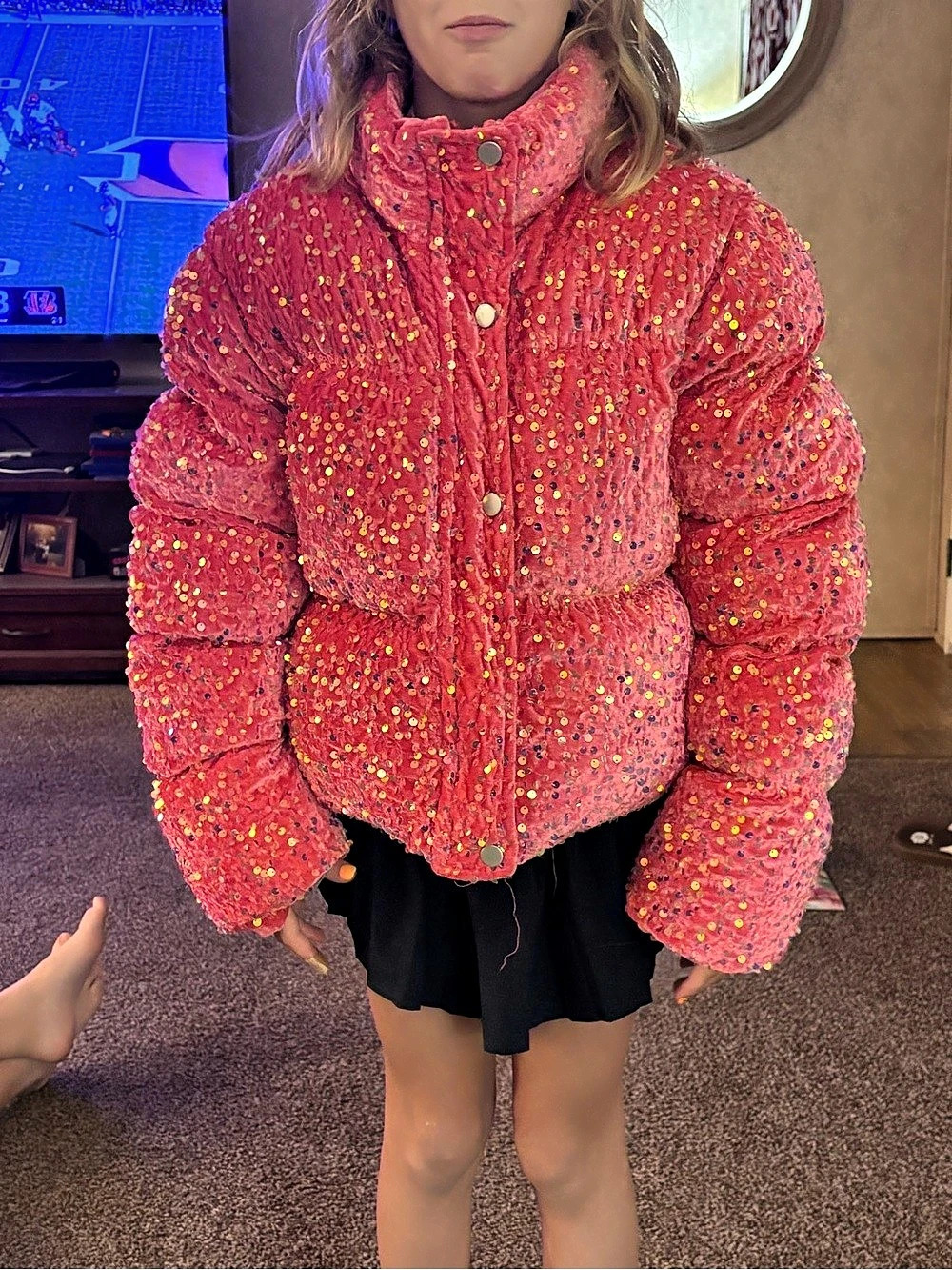 BeSpoke Sequin Puffer Jacket in Pink Size Medium